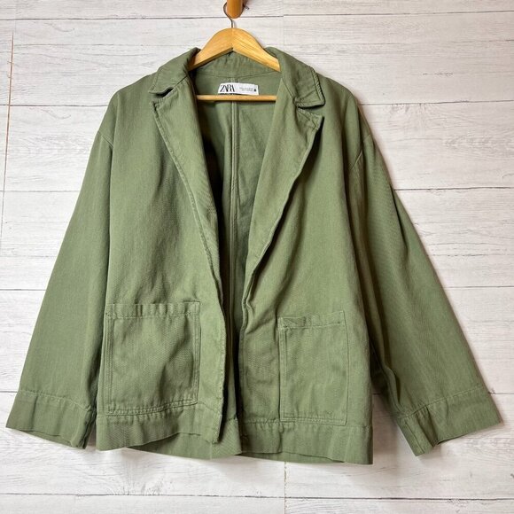 Zara Shacket Womens Size Medium Sage Green Denim Wide Arm Sleeve 100% Cotton - Picture 1 of 15